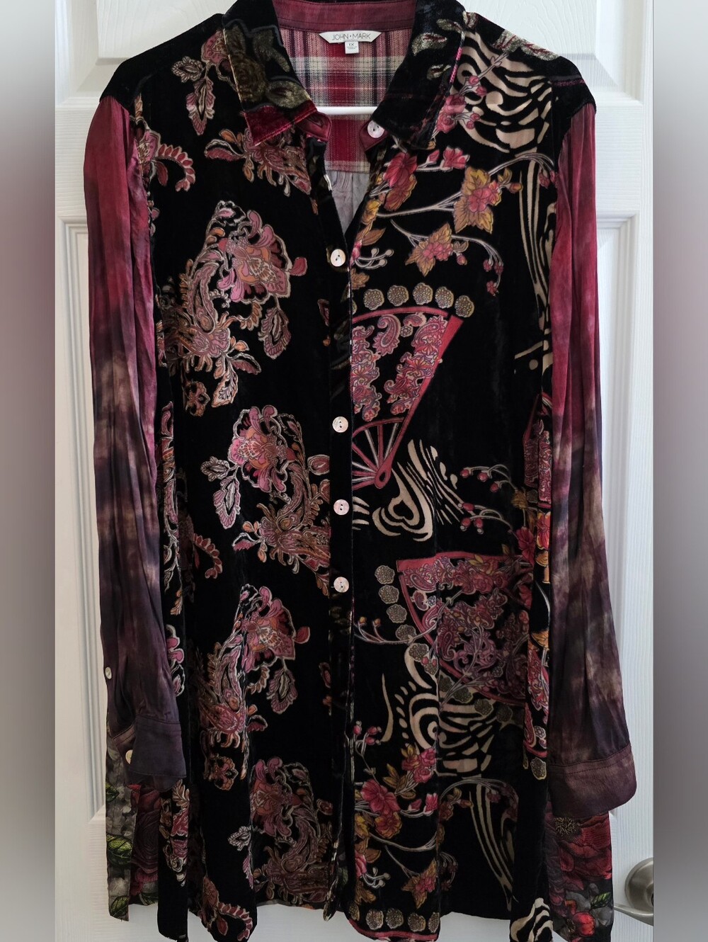 John Mark 1X Bkouse Black Velvet Pink Red Floral Burnout Long Sleeves Career